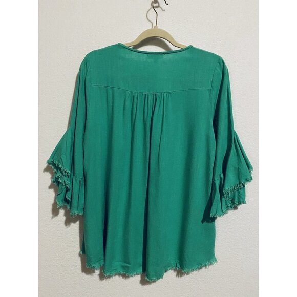 Umgee Top Womens Medium Bright Green Ruffle Bell Sleeve Linen Blend Fringe Hem - Picture 5 of 9